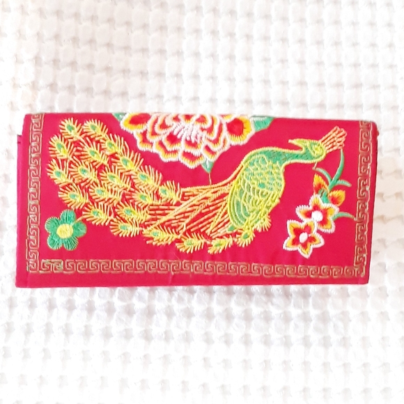 Hmong Embroidered Red Peacock Billfold Wallet - Picture 2 of 10